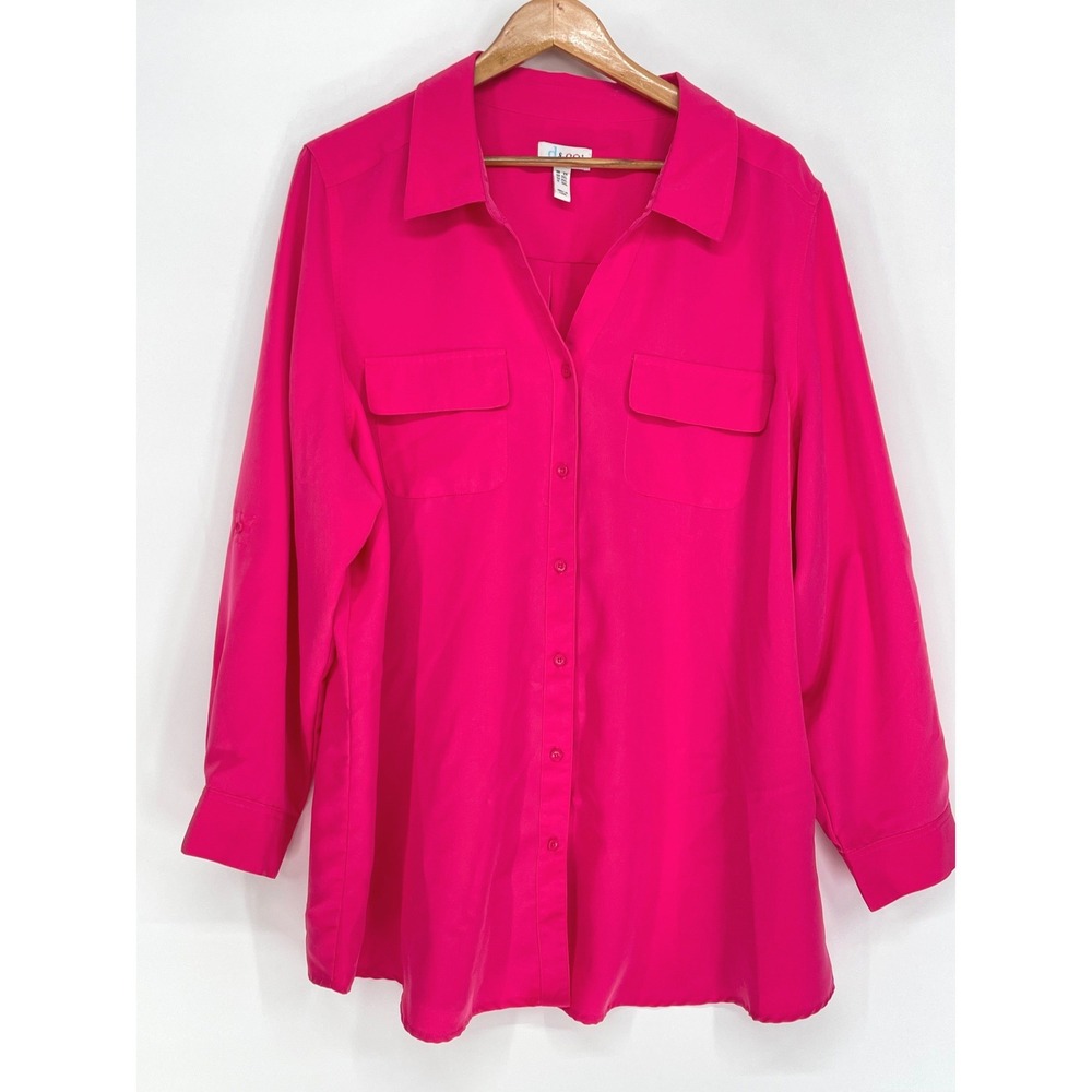 Denim & Co Women Shirt 2X Button Down Pink Roll Tab Utility Pocket Tunic